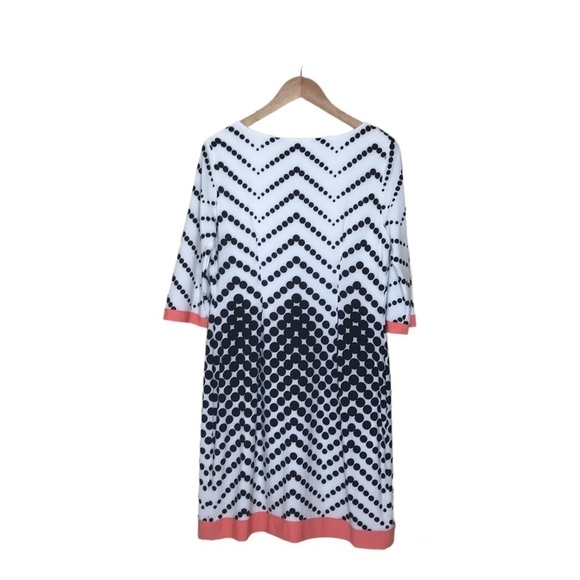 Studio One Shift Dress Size M Black White Coral Dot Stretch Lined 3/4 Sleeve‎ - Picture 2 of 9